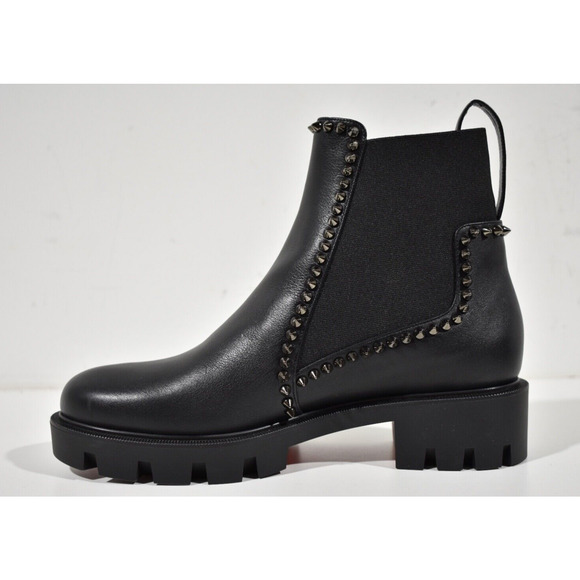 Christian Louboutin Out Lina Spike Lug Flat Black Calf Chelsea Ankle Boot 40.5 - Picture 8 of 12